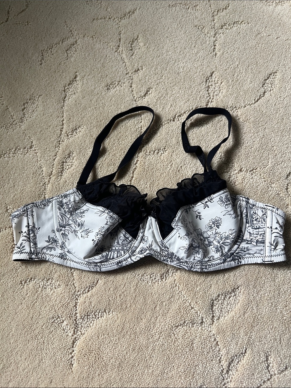 Chantal Thomass Black & White Lace and Floral Bra 34B